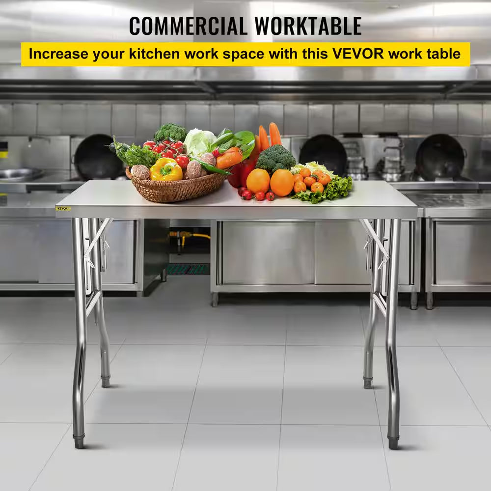 48" X 30" Silver Stainless Steel Table Heavy-Duty Folding Table with 220 Lb. Load