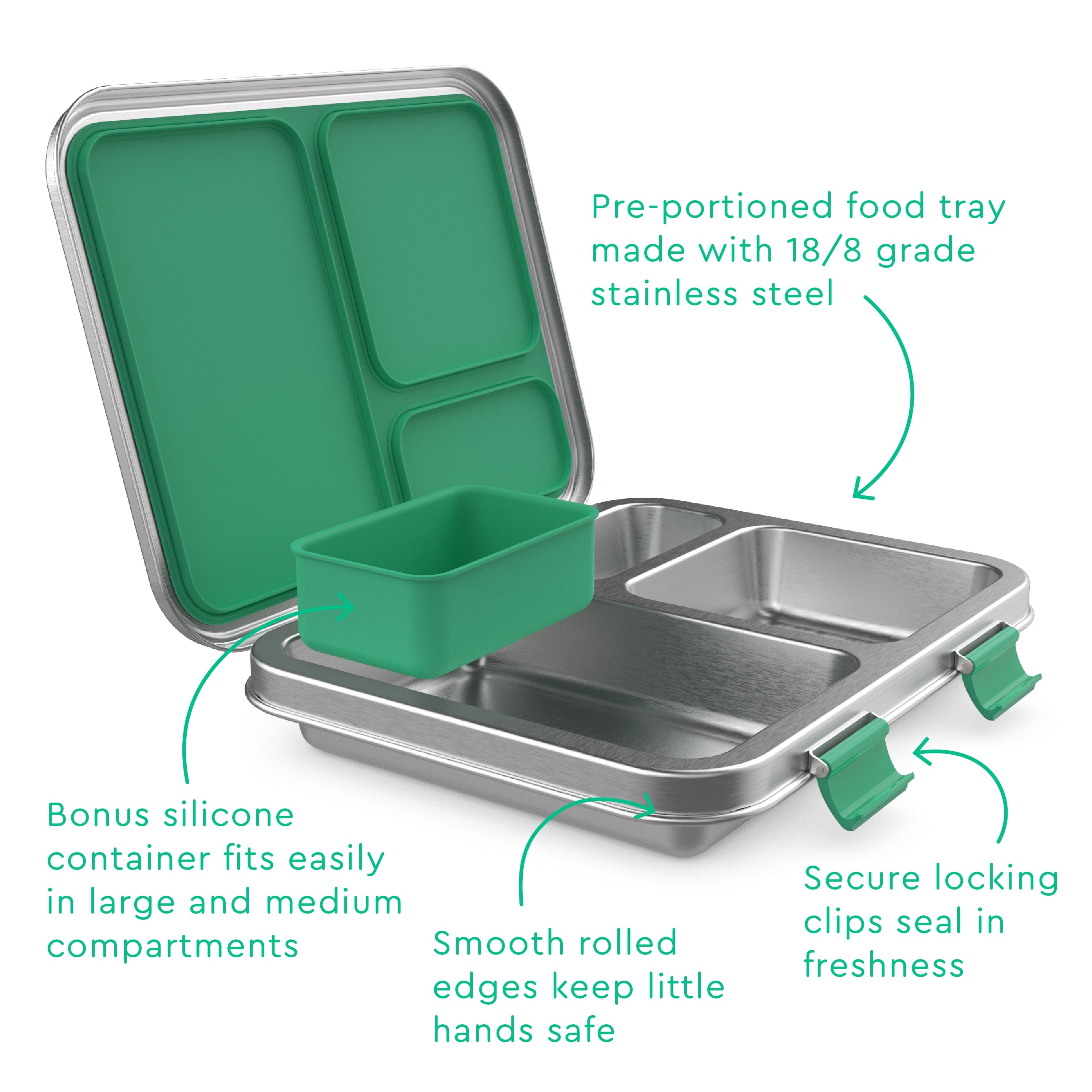 Stainless Steel Leak-Resistant Lunch Box - Bento-Style, 3 Compartments, and Bonus Silicone Container for Meals On-The-Go