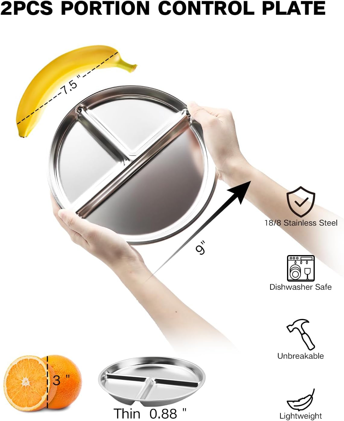 2 Packs Stainless Steel Kids Plates , 9" Portion Control Plate Divided Plates