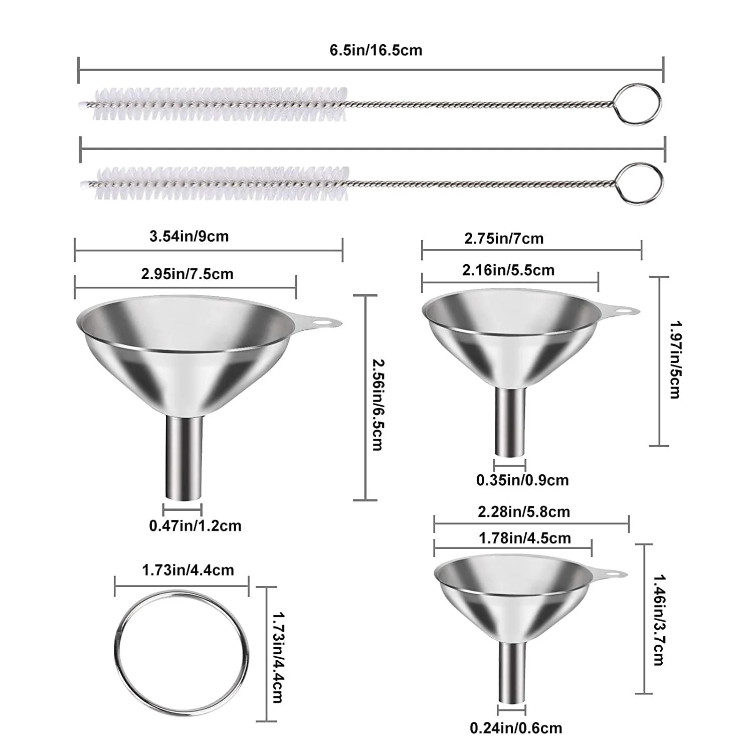 6Pcs Stainless Steel Funnel, Large Small Funnel Set of 3 for Kitchen Use Filling Bottles Flask Cooking, 2 Brushes