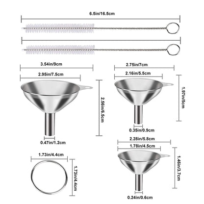 6Pcs Stainless Steel Funnel, Large Small Funnel Set of 3 for Kitchen Use Filling Bottles Flask Cooking, 2 Brushes