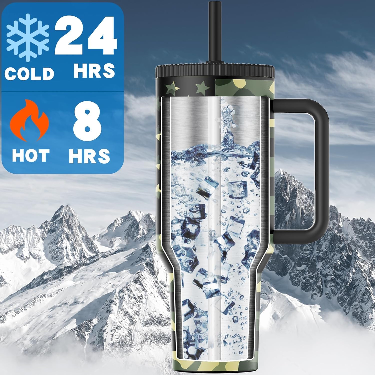 40 Oz Stainless Steel Tumbler with Handle and Flip Straw Lid - Upgraded (Camo Flag)