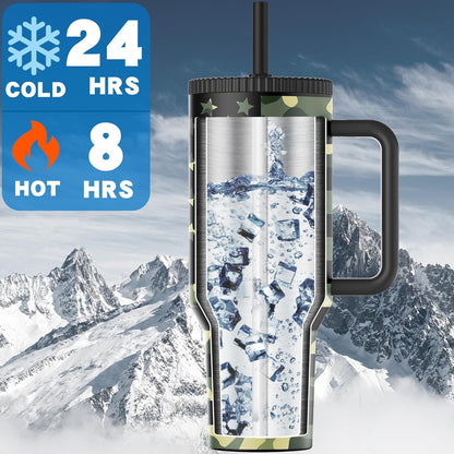 40 Oz Stainless Steel Tumbler with Handle and Flip Straw Lid - Upgraded (Camo Flag)