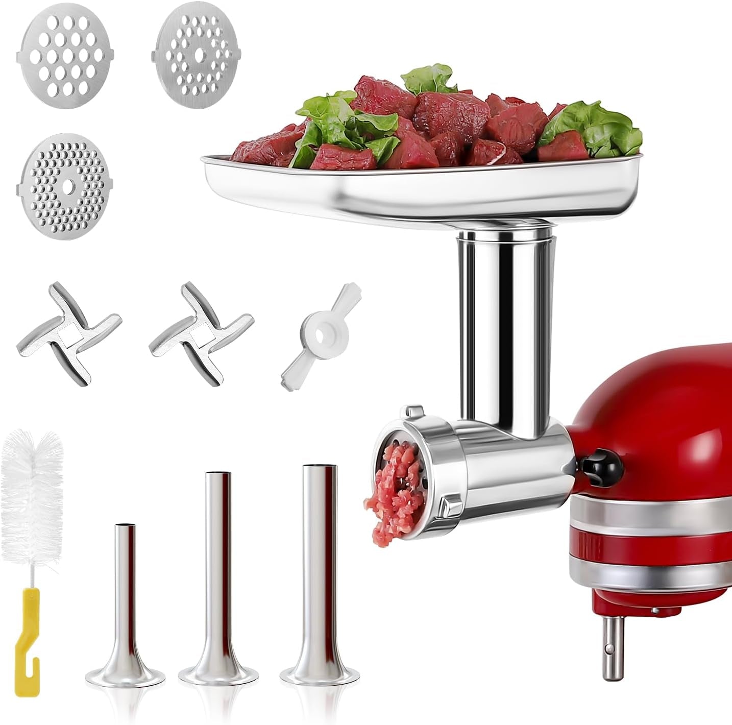 Stainless Steel Meat Grinder Attachments for Kitchenaid Mixers, Metal Food Grinder, Sausage Stuffer, Dishwasher Safe