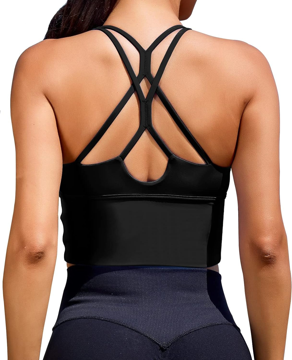 Built in Bra Padded Strappy High Support Longline Workout Fitness Top 