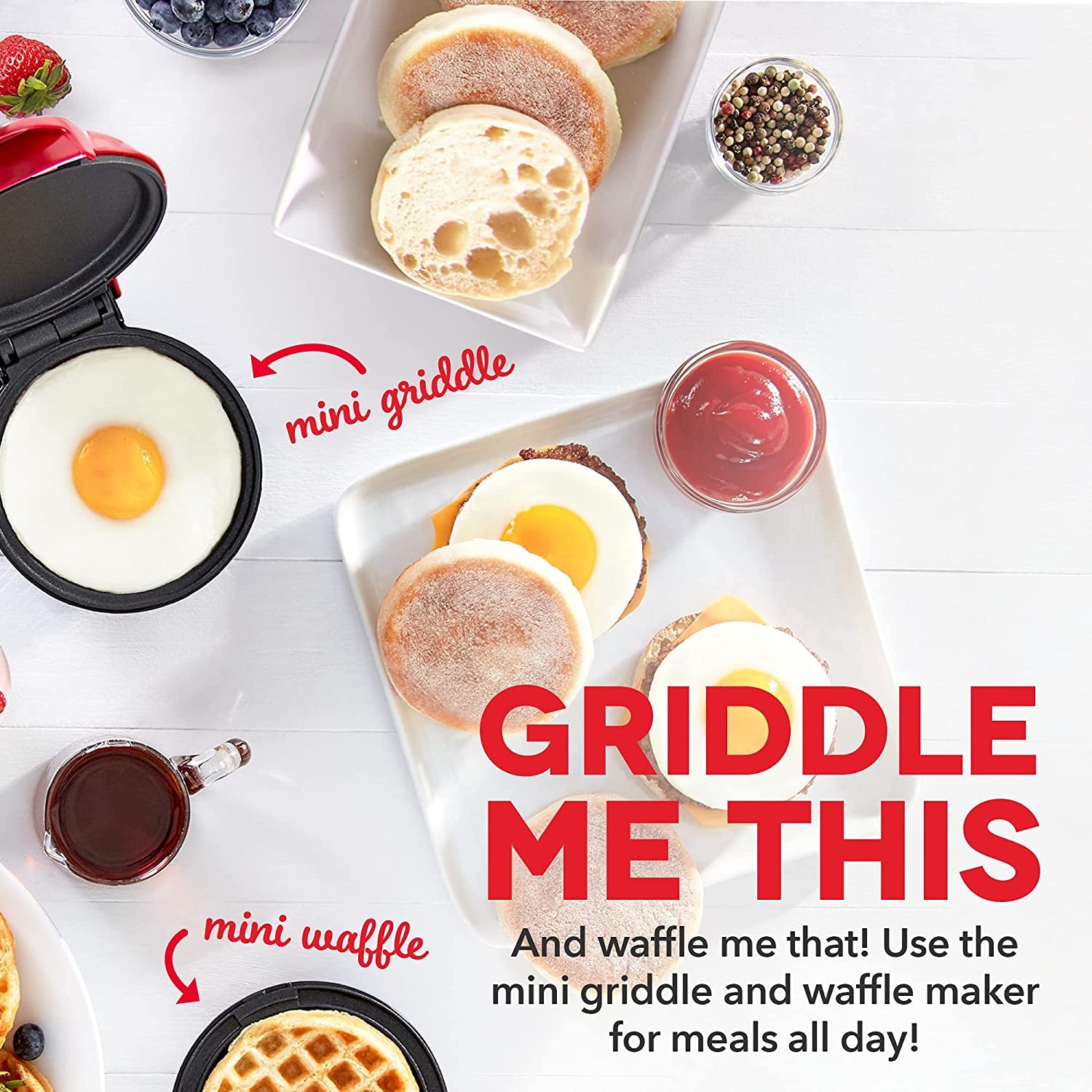 Mini Waffle Maker & Griddle 2-Pack – Compact Red Nonstick Single-Serve Cookware