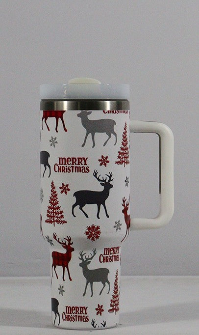 Christmas Stainless Steel Tumbler with Handle, Lid & Straw
