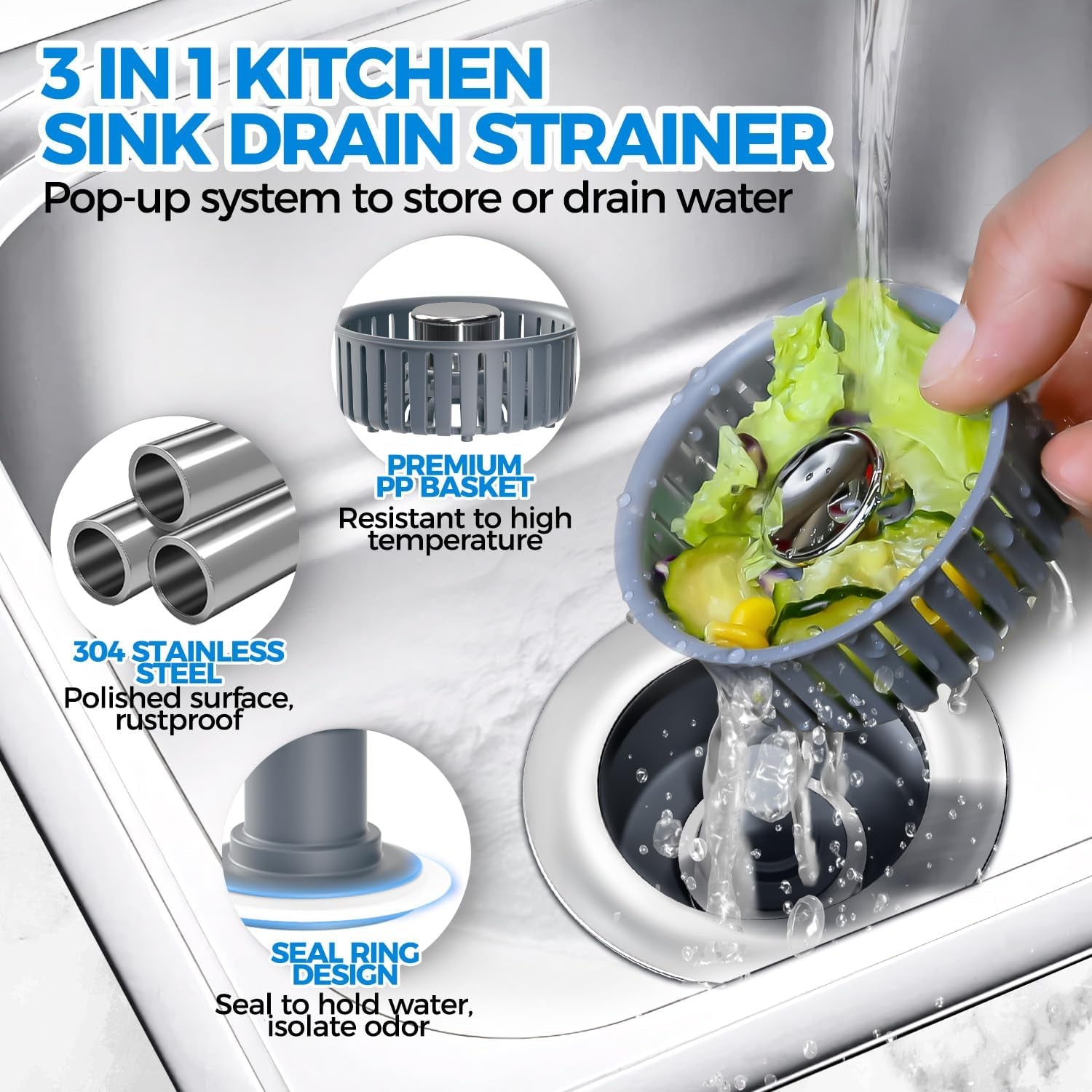 Upgraded 3In1 Kitchen Sink Drain Strainer & Sink Stopper, Stainless Steel Kitchen Drain Plug & Sink Installation Parts with Anti-Clogging Basket, Fit US Standard 3-1/2'' Sink Drain Hole