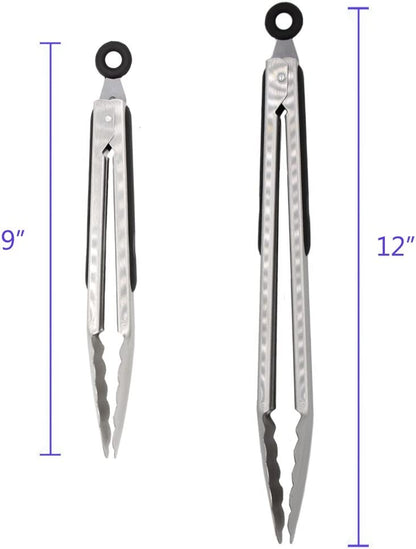 Stainless Steel Kitchen Cooking Tongs, 9" and 12" Set of 2 Sturdy Grilling Barbeque Brushed Locking Food Tongs with Ergonomic Grip, Black
