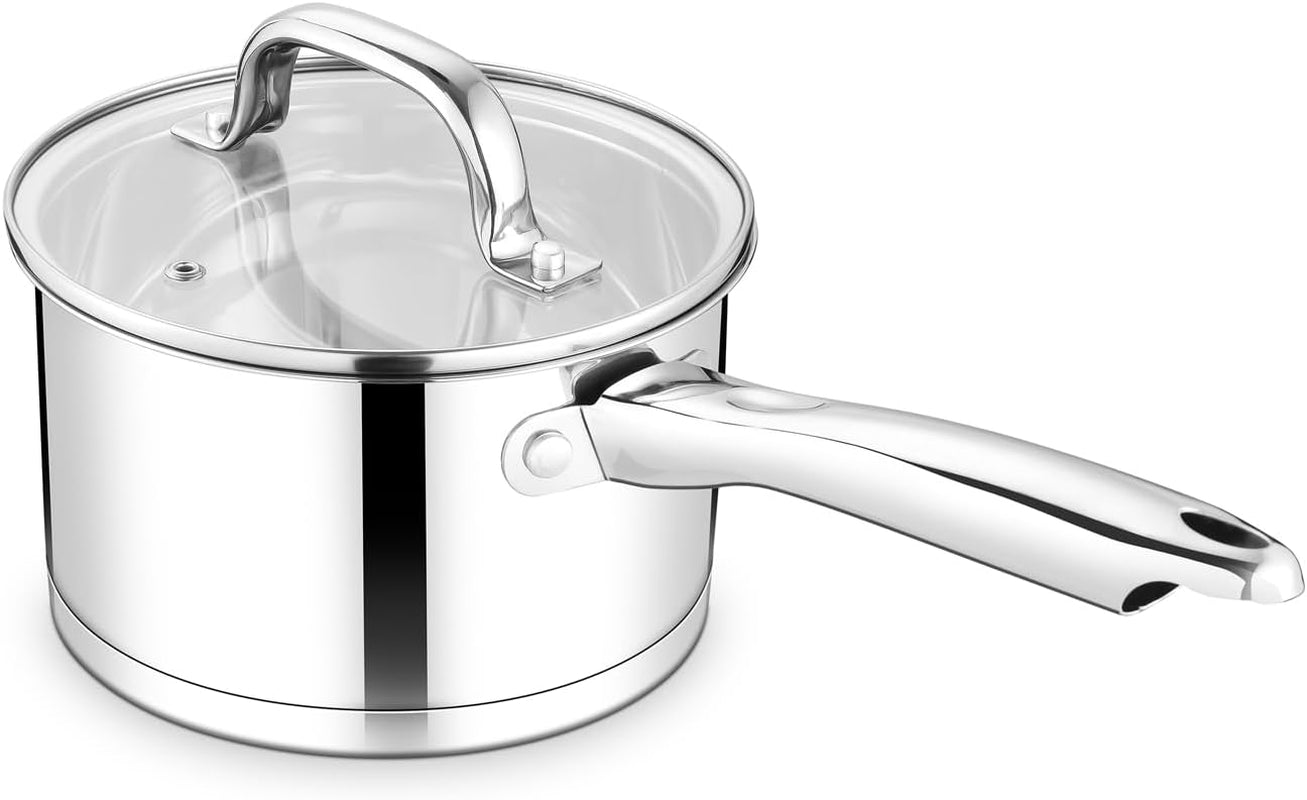 2 Qt Stainless Steel Saucepan with Lid, Tri-Ply Bottom for Induction/Gas/Electric/Ceramic, Dishwasher Safe