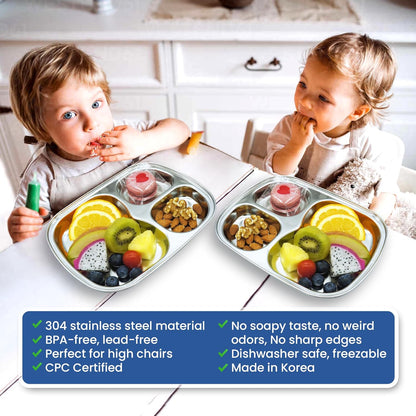 Korean 3 Compartment Stainless Steel Divided Plates, BPA Free, Set of 2