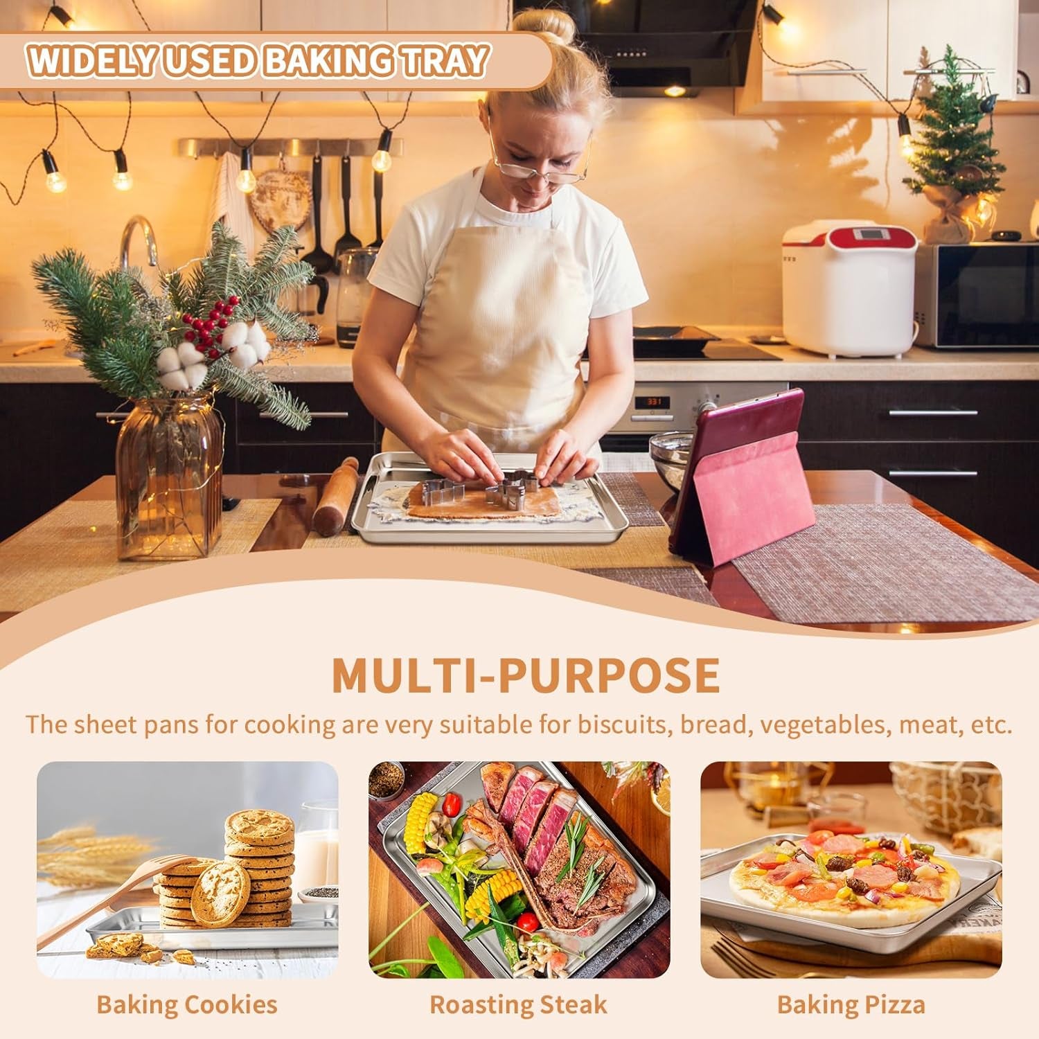 Stainless Steel Baking Sheet Set of 2,  Non Toxic & Heavy Duty, Rust Free & Mirror Finish, Dishwasher Safe, 12 X 10 X 1 Inch