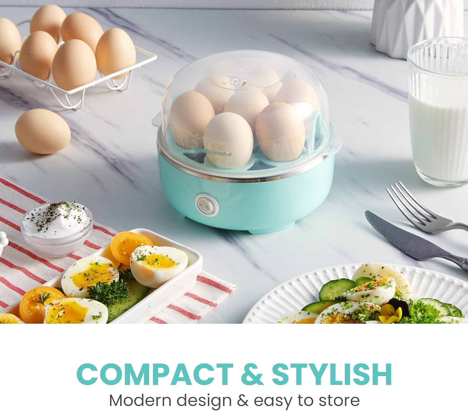 Electric Egg Cooker 7-Egg Capacity, Soft, Medium, Hard-Boiled Egg Cooker with Auto Shut-Off, Measuring Cup Included, BPA Free, Retro Mint