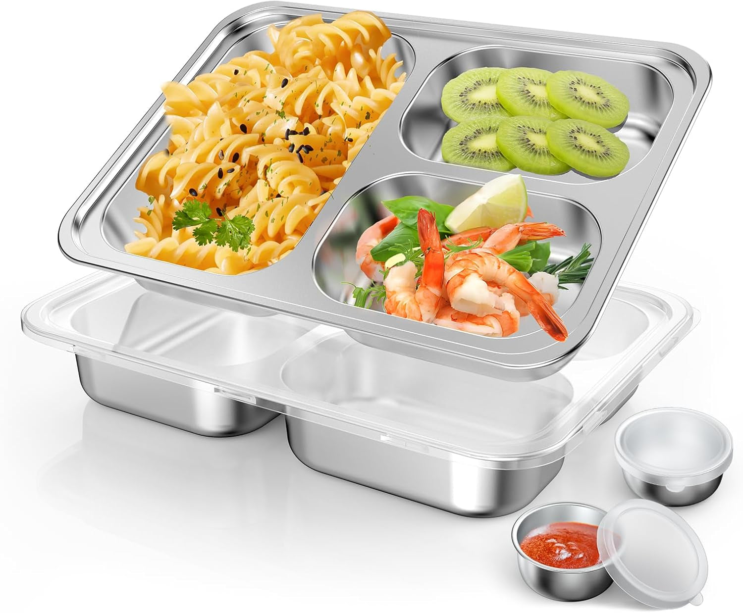 Stainless Steel Divided Plate for Kids Toddler, Non Toxic Portion Control Plate Dinner Plate with Lid, 2 Pack 3 Sections Rectangular Snack Plate