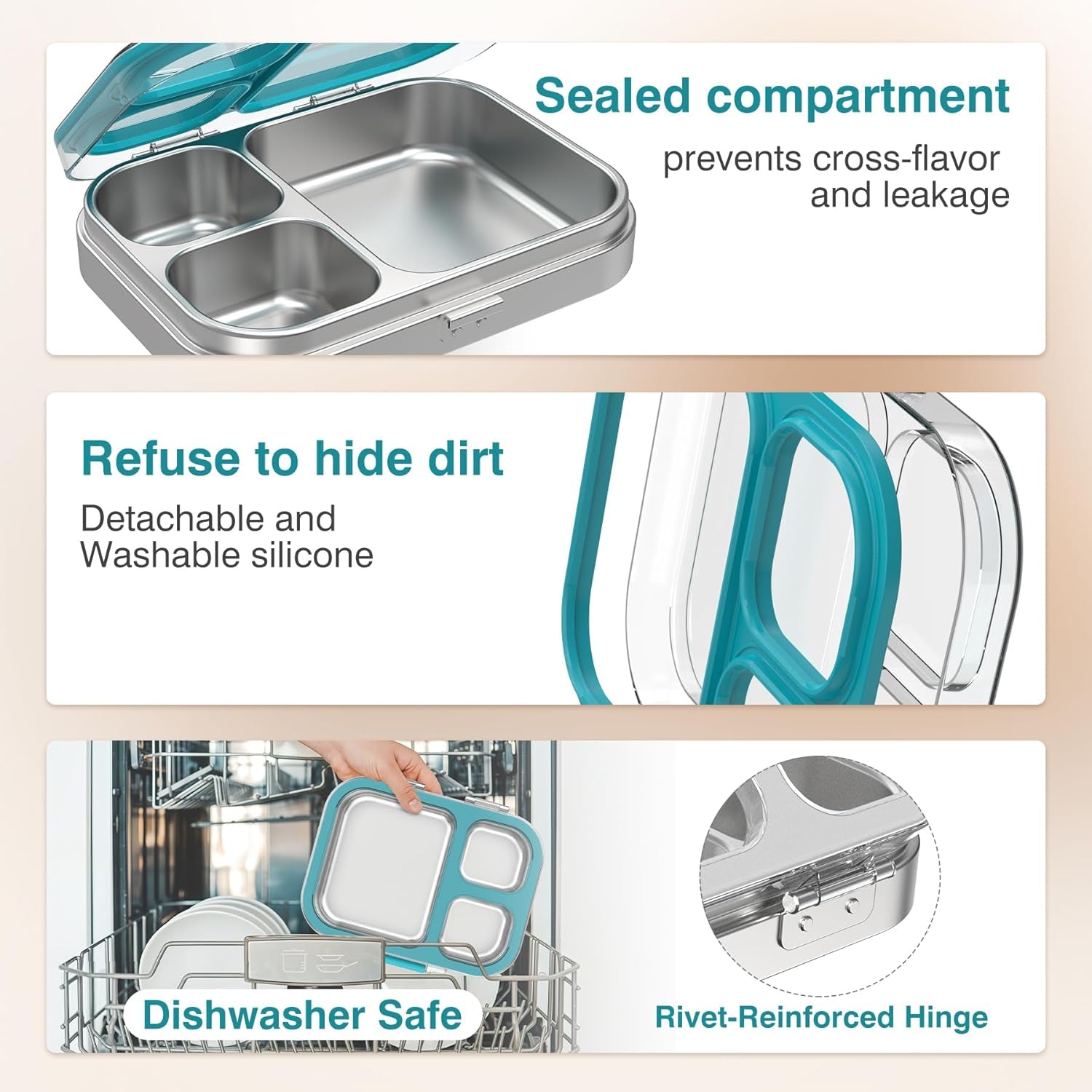 3 Compartments Stainless Steel Lunch Box, Leak-Proof Lunch Box for School Office, Dishwasher Safe, BPA-Free