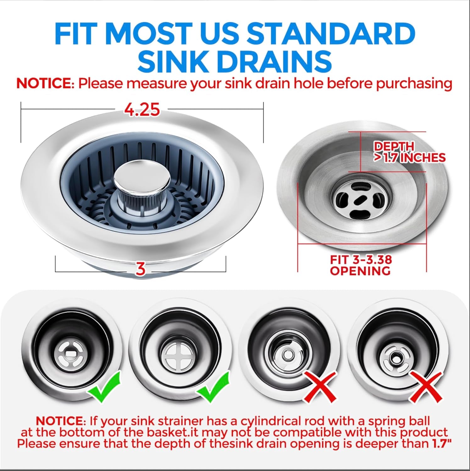 Upgraded 3In1 Kitchen Sink Drain Strainer & Sink Stopper, Stainless Steel Kitchen Drain Plug & Sink Installation Parts with Anti-Clogging Basket, Fit US Standard 3-1/2'' Sink Drain Hole