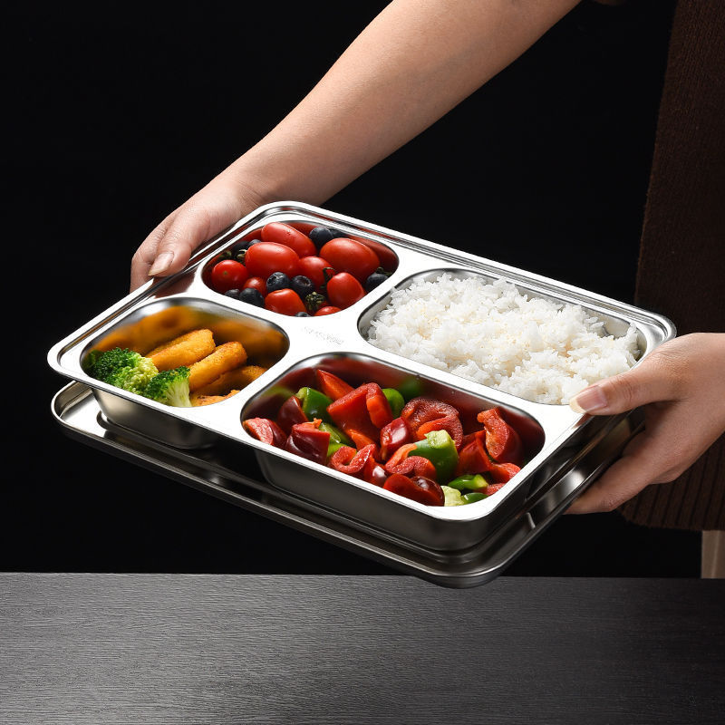 304 Stainless Steel Dinner Plate Five Grid Fast Food With Lid