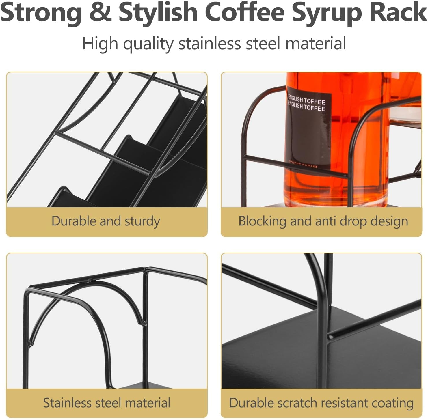 Syrup & Seasoning Rack for Coffee and Kitchen, Iron 4 Compartment Organizer