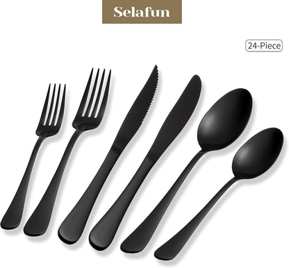 24-Piece Matte Black Flatware Set – Stainless Steel Cutlery for 4