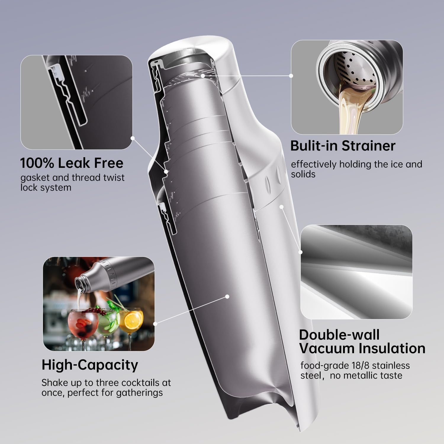 30 oz. Stainless Steel Cocktail Shaker Set, Vacuum Insulated Martini Shaker with Strainer & Jigger Lid