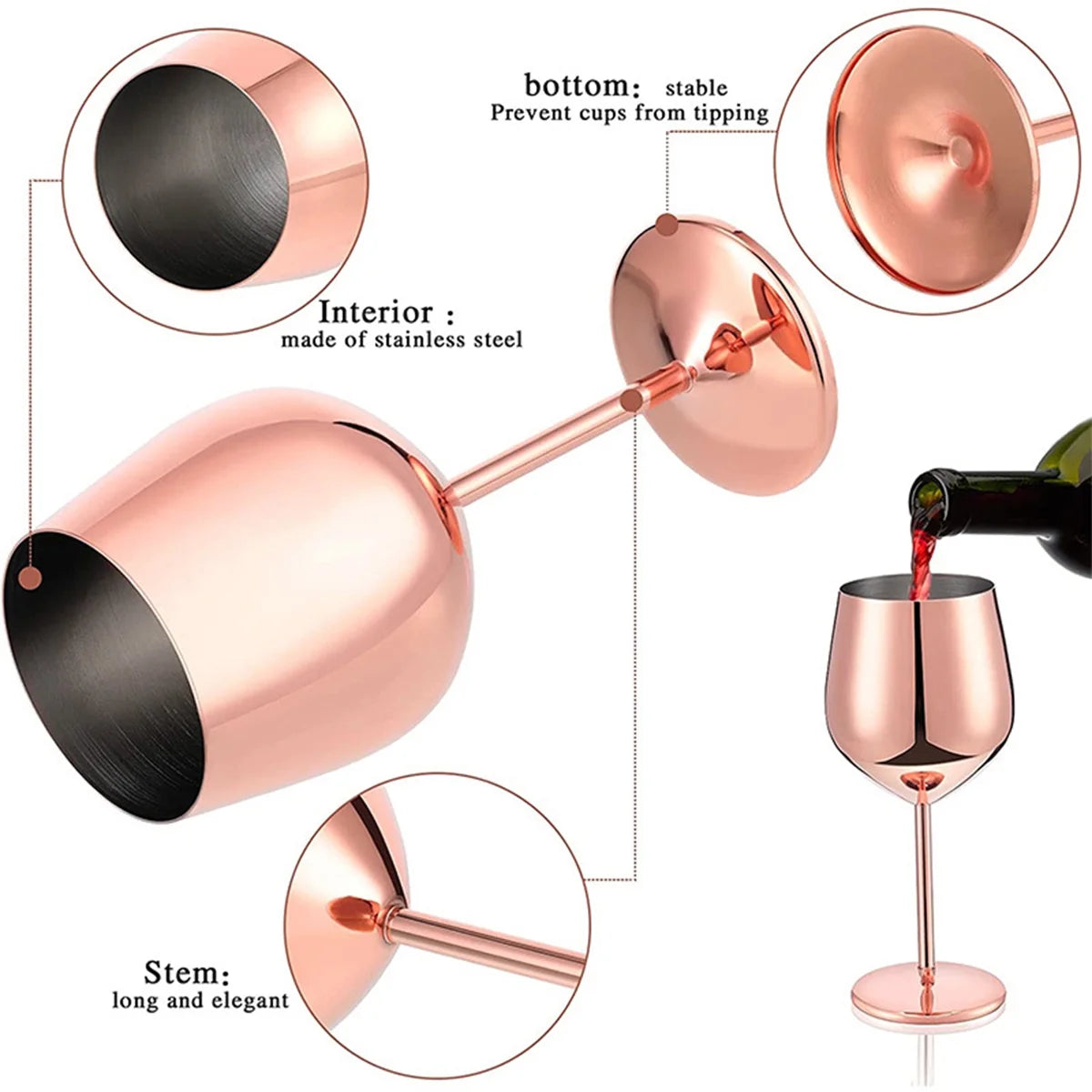 18 Oz Stainless Steel Wine Glasses, Unbreakable Wine Goblets, Rose Gold, 2 Pack