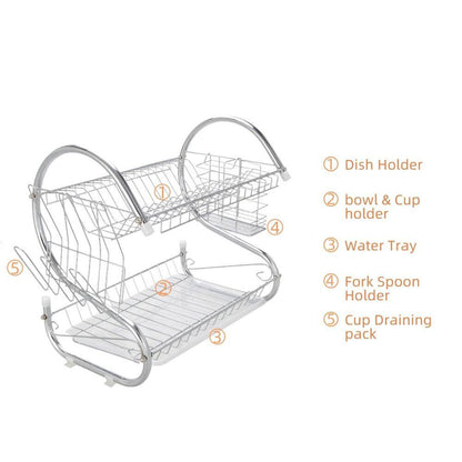 2-Tier Stainless Steel Standing Drying Dish Rack with S Shape Design, Kitchen Cutlery Holder Shelf