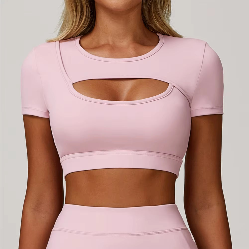 Women Pilates Training Fitness Suit Chest Cushion Yoga Suit Hollow Out Top Quick Drying Sports Short Sleeved Breathable T-Shirt