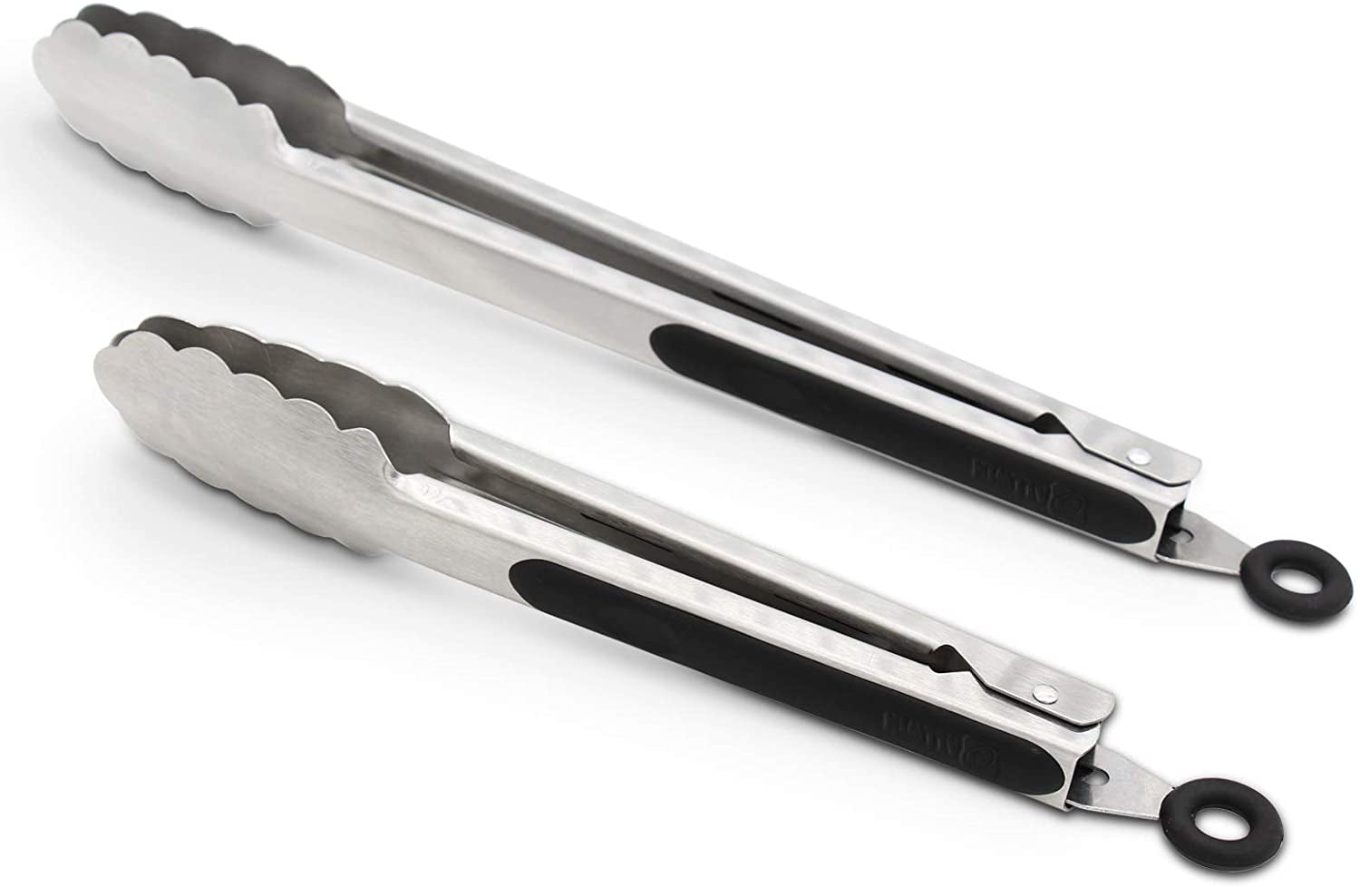 Stainless Steel Kitchen Cooking Tongs, 9" and 12" Set of 2 Sturdy Grilling Barbeque Brushed Locking Food Tongs with Ergonomic Grip, Black