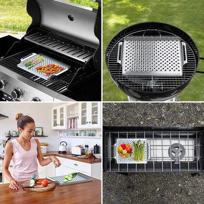 Stainless Steel  Nonstick Grill Topper Grid BBQ Tray with Perforated Bottom and Handles