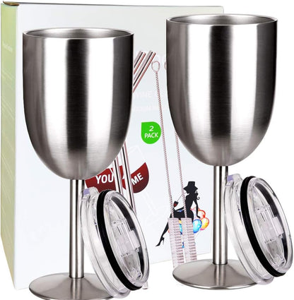 10 oz.  Stainless Steel Wine Glasses Double Walled Vacuum Insulated Wine Tumbler Cups with Lid and Straw - (2 Pack)