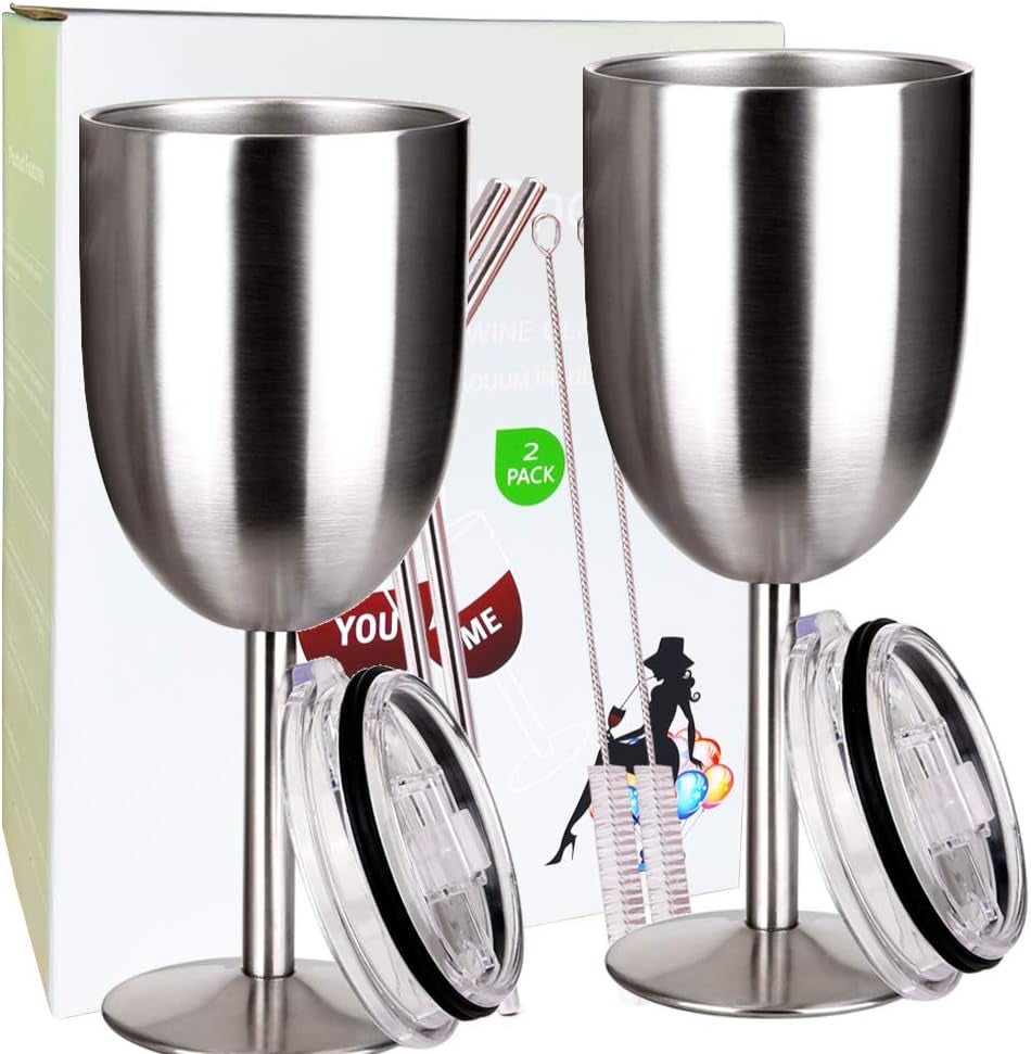 10 oz.  Stainless Steel Wine Glasses Double Walled Vacuum Insulated Wine Tumbler Cups with Lid and Straw - (2 Pack)