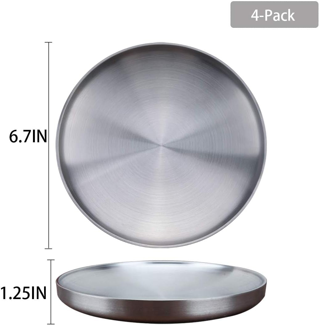 6.7" Stainless Steel Dessert Appetizer Plates, Double-Layer round Lunch Plates - Set of 4