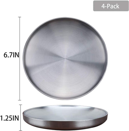 6.7" Stainless Steel Dessert Appetizer Plates, Double-Layer round Lunch Plates - Set of 4