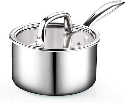 Stainless Steel Saucepan 1.5 Quart, Tri-Ply Full Clad Sauce Pan with Glass Lid, Silver