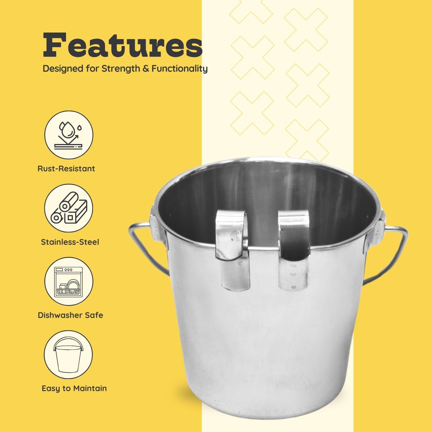 1 Qt Stainless Steel Flat Sided Bucket with Dual Hooks, Multipurpose Use