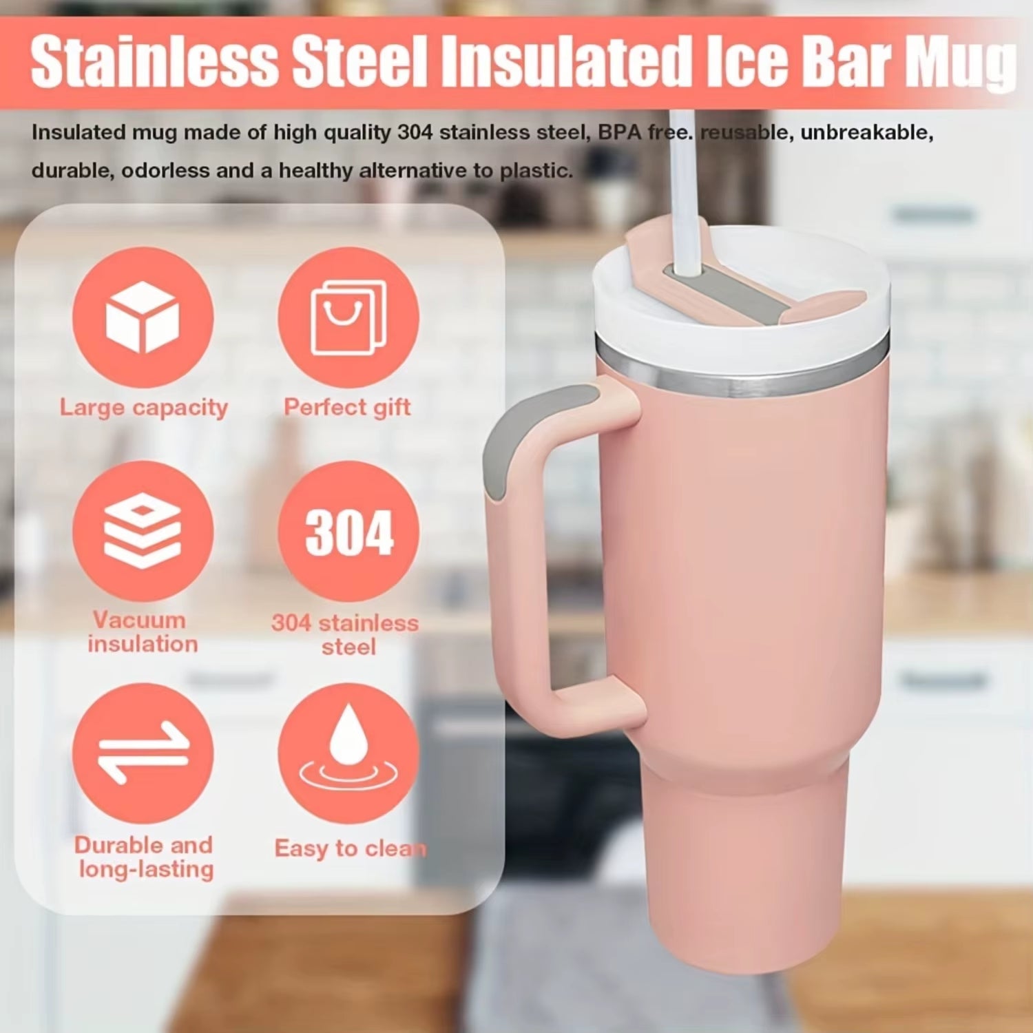 1Pc 1200Ml/40Oz Tumbler with Handle, Reusable Vacuum Insulated Bottle, with Lid and Straws, Leakproof Portable Drinking Cu