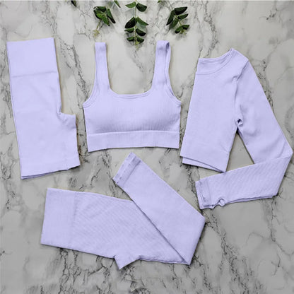 Ribbed Women Sets Fitness Suit Seamless Sportswear Sexy Gym Clothing Stripe Legging Long Sleeve Sport Outfits Woman Tracksuit