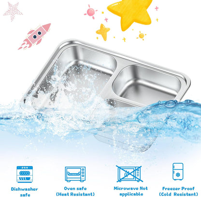 Stainless Steel Divided Plate for Kids Toddler, Non Toxic Portion Control Plate Dinner Plate with Lid, 2 Pack 3 Sections Rectangular Snack Plate