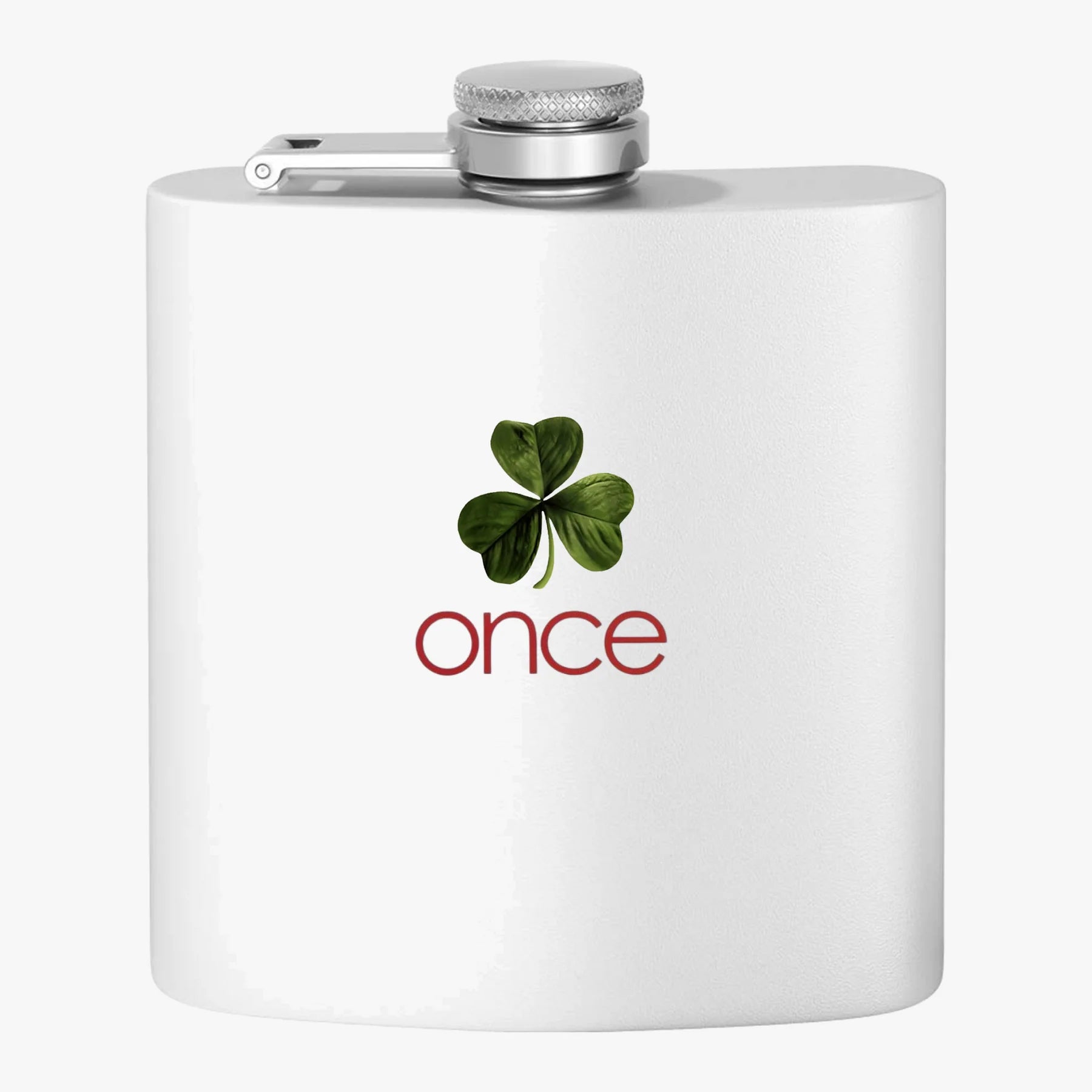 White flask with a four-leaf clover and 'once' text on a white background