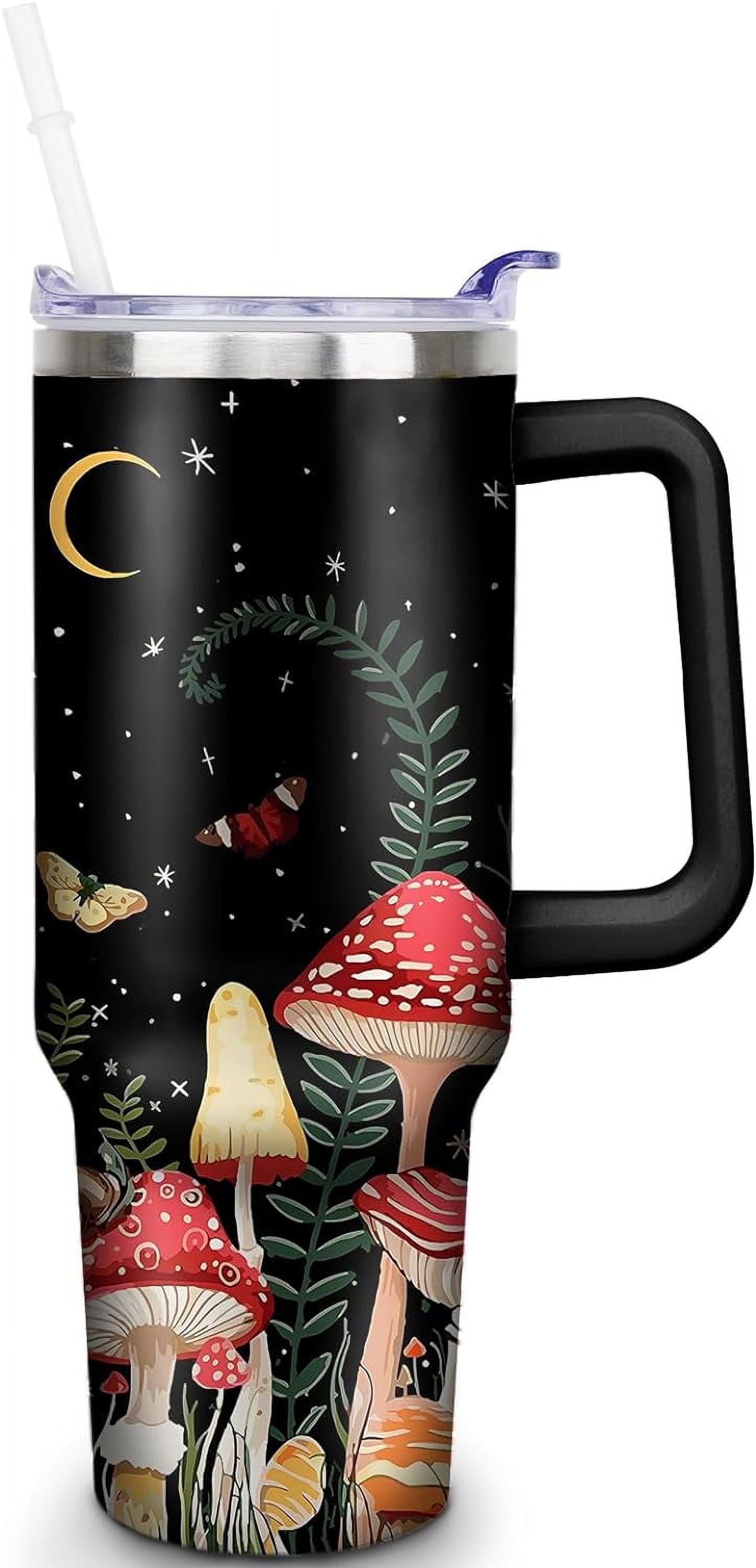 Mushroom 40 Oz Tumbler with Handle and Straw, Double Wall Vacuum Insulated Stainless Steel, 100% Leak-Proof Water Bottle, Travel Mug Coffee Cup