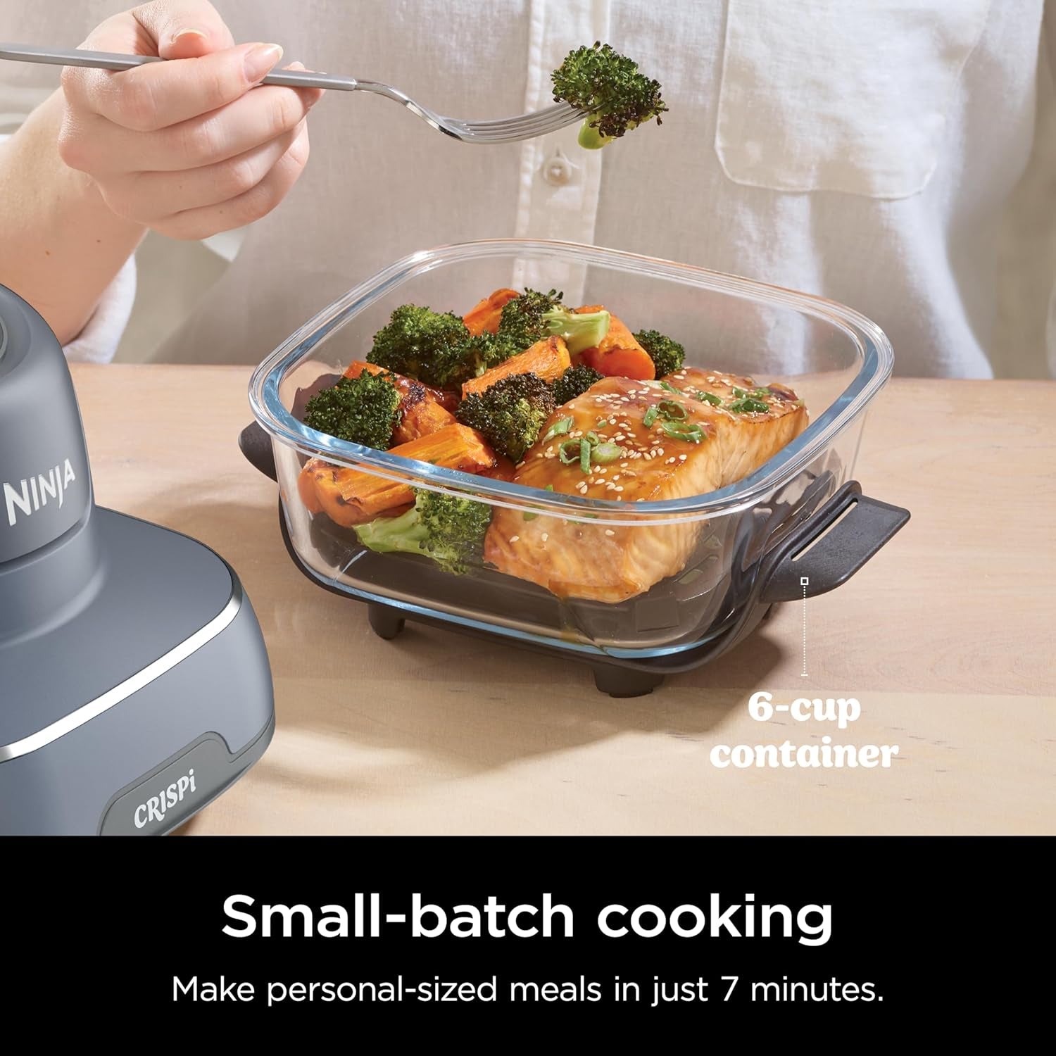 4-In-1 Portable Glass Air Fryer Cooking System, 1500W, 4QT & 6-Cup Tempware Glass Containers with Storage Lids, Microwave, Freezer & Dishwasher Safe, Cyberspace Gray