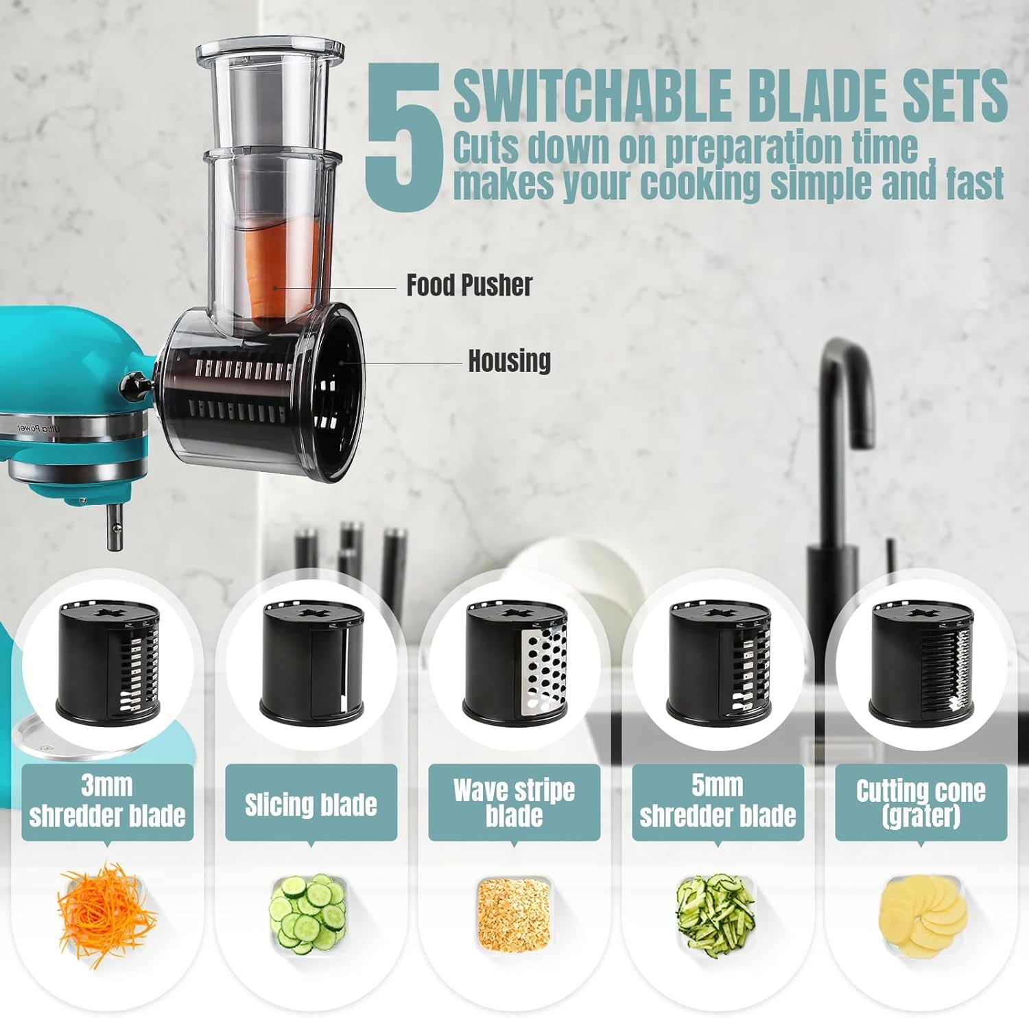 Stainless Steel Slicer Shredder Attachments for Kitchenaid Stand Mixers, Vegetable Shredder with Detachable 5 Blades