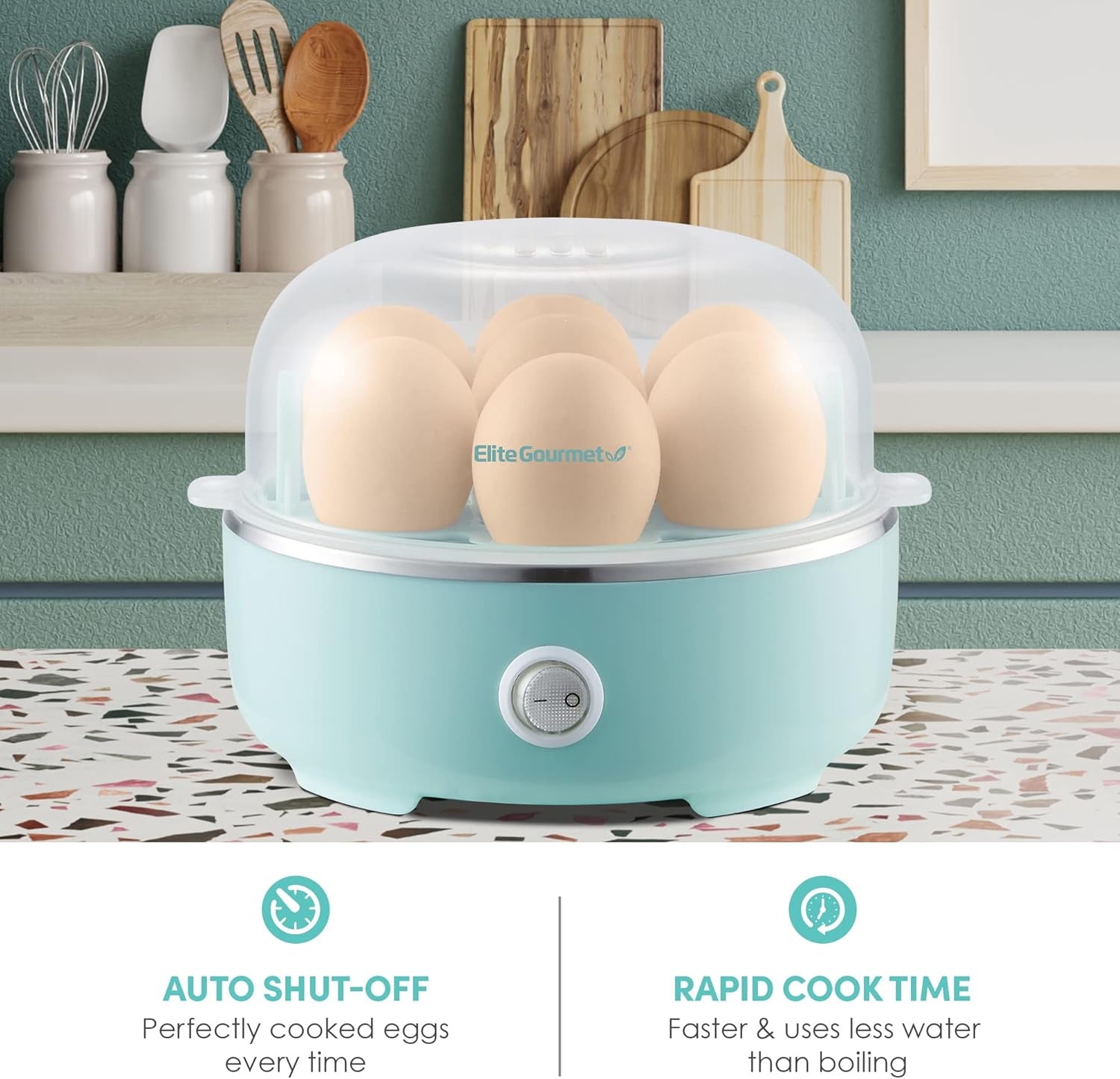 Electric Egg Cooker 7-Egg Capacity, Soft, Medium, Hard-Boiled Egg Cooker with Auto Shut-Off, Measuring Cup Included, BPA Free, Retro Mint