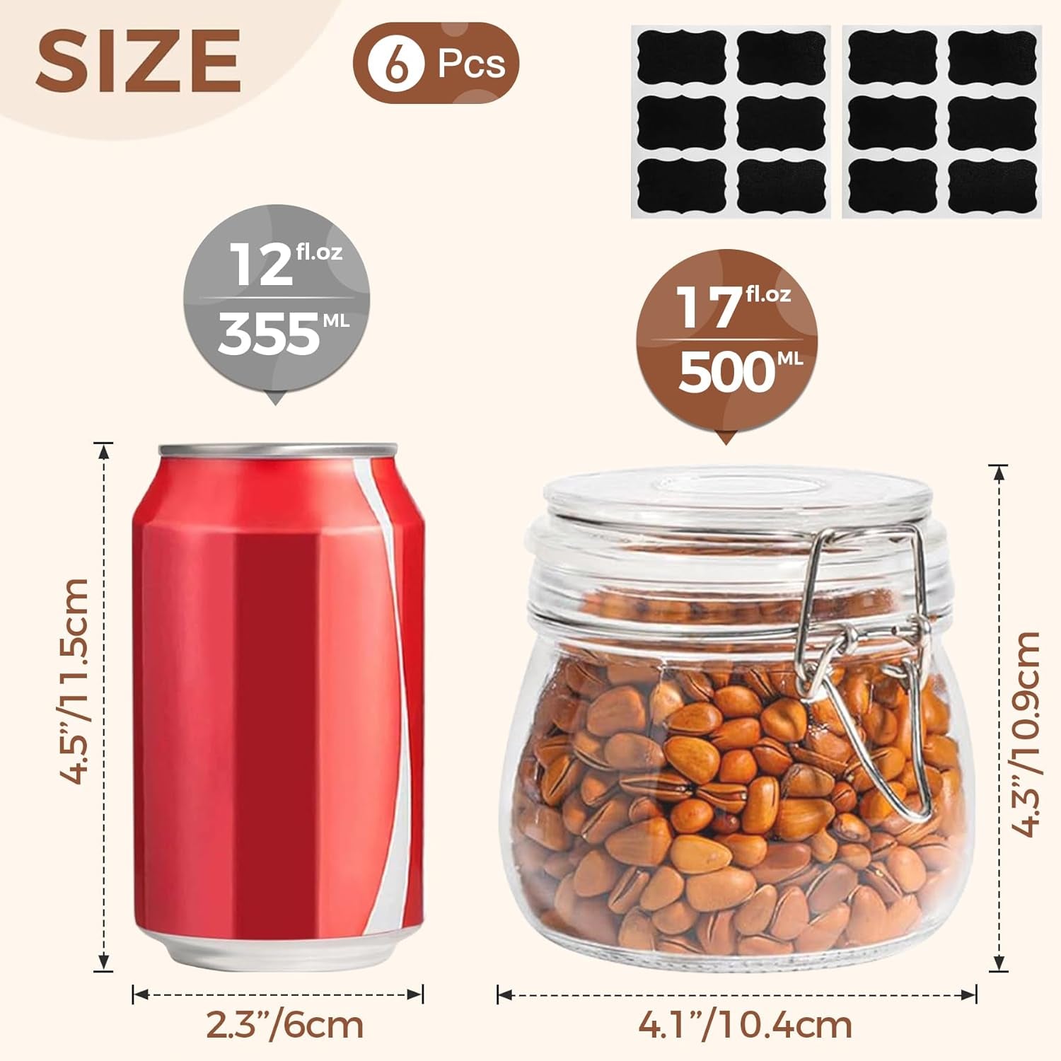 6-Pack 17oz Airtight Glass Jars