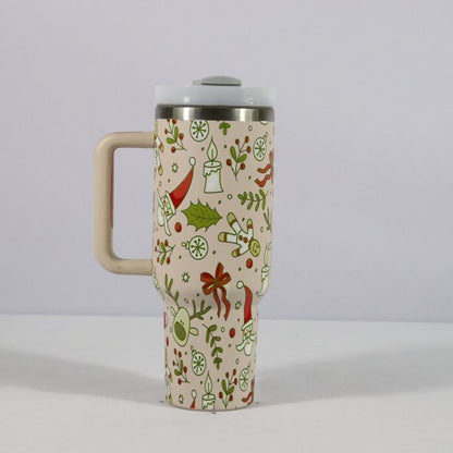 Christmas Stainless Steel Tumbler with Handle, Lid & Straw