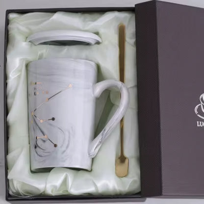 380ML  Natural Marble 12 Constellation Ceramic Pink Zodiac Mug with Lid