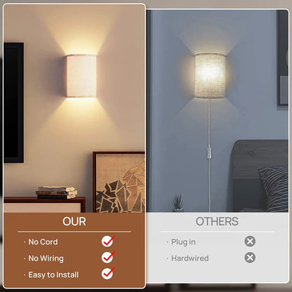 Dimmable 2-Light LED Fabric Linen Shade Bedroom Battery Operated Wall Sconces (2 Count)