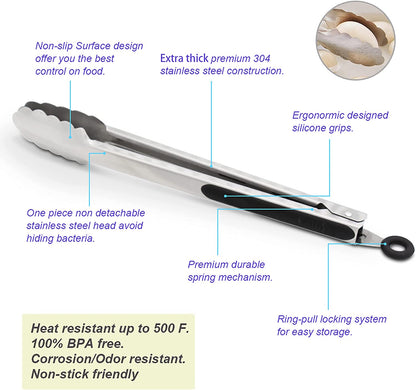 Stainless Steel Kitchen Cooking Tongs, 9" and 12" Set of 2 Sturdy Grilling Barbeque Brushed Locking Food Tongs with Ergonomic Grip, Black