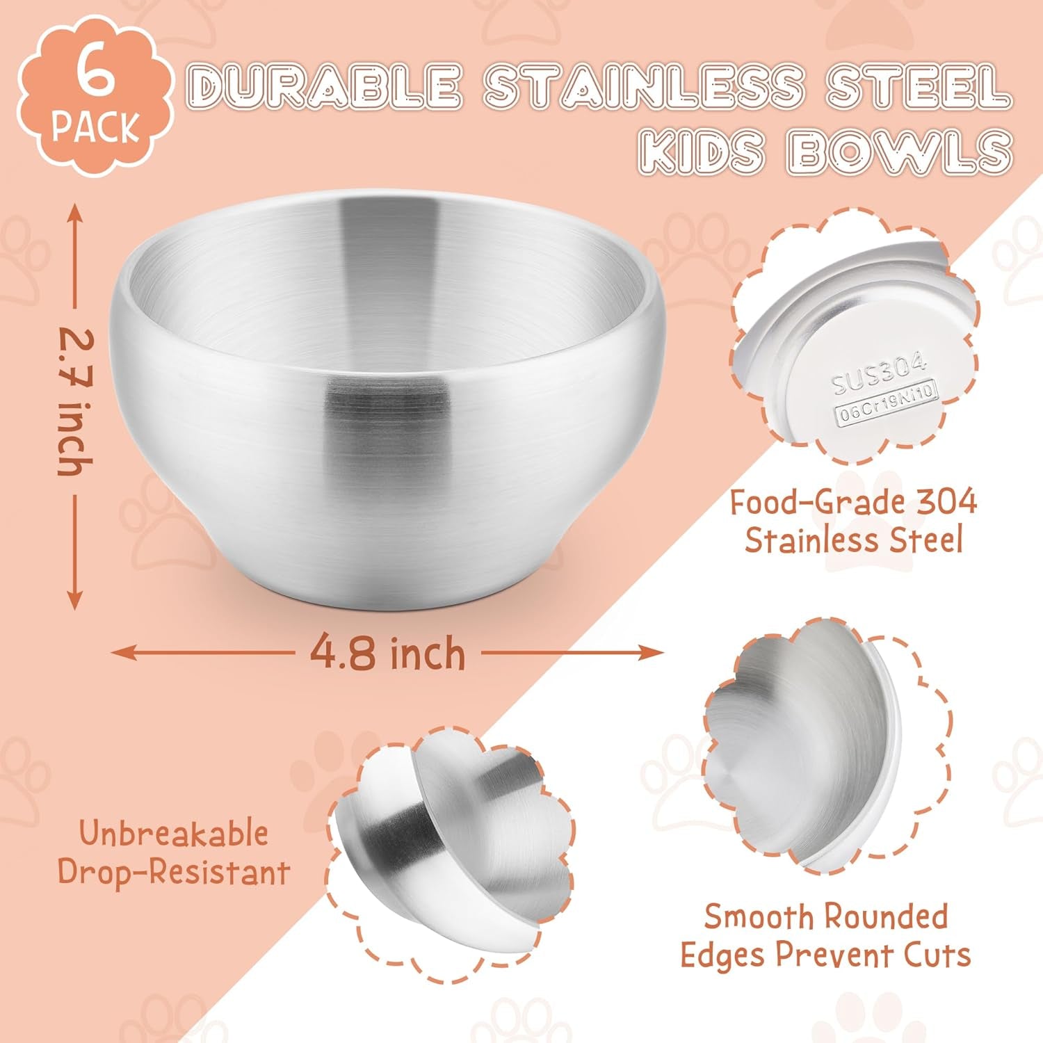  12OZ Double Walled Baby Toddler Stainless Steel Bowl, 6 Pack, Dishwasher Safe