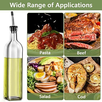 2 Pcs Glass Olive Oil Dispenser and Vinegar Dispenser Set with 2 Stainless Steel Pourers, 4 Labels,1 Brush and 1 Funnel Oil Bottles for Kitchen (500Ml)